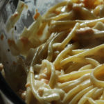 smoked salmon pasta in a bowl, close up shot