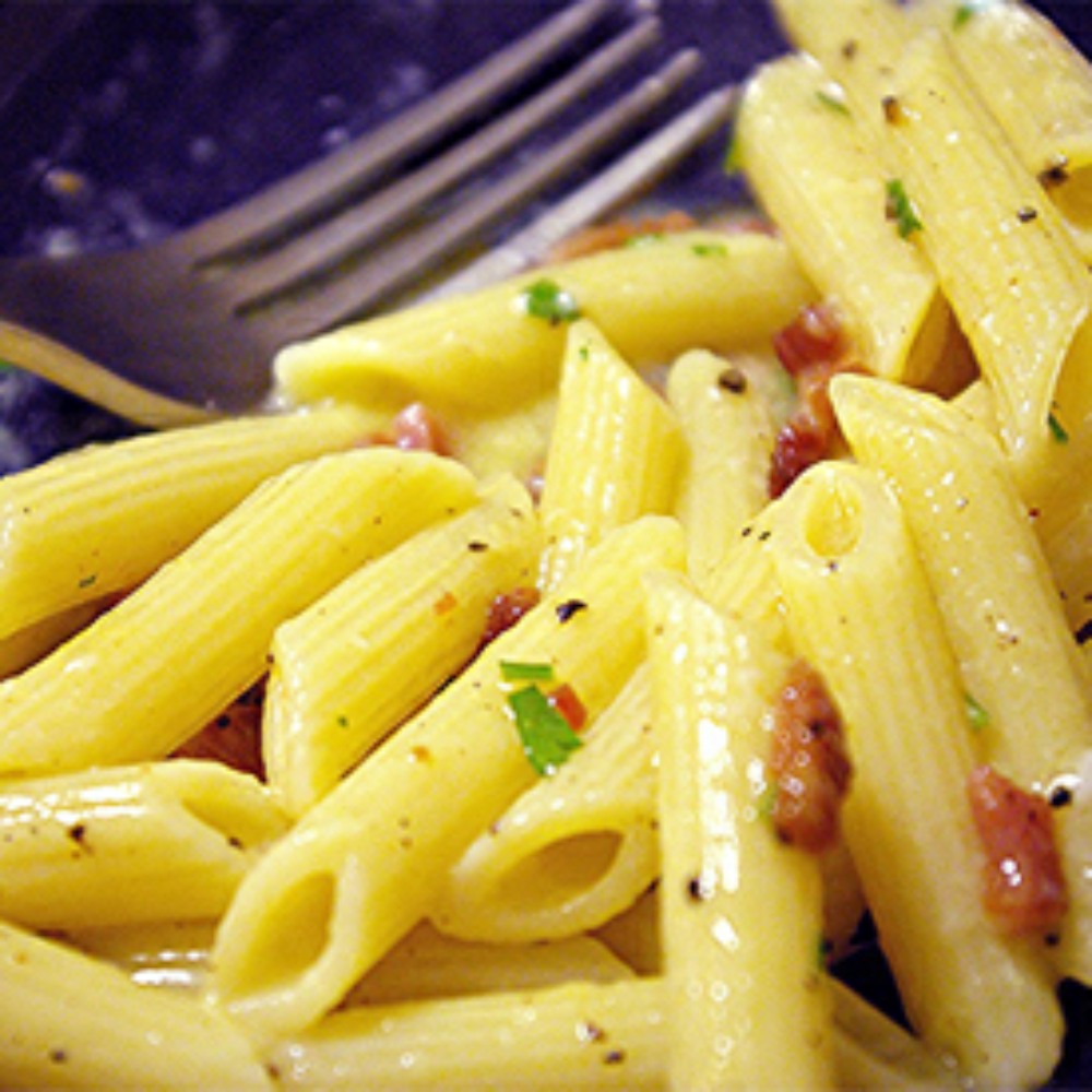 Pasta carbonara, close up